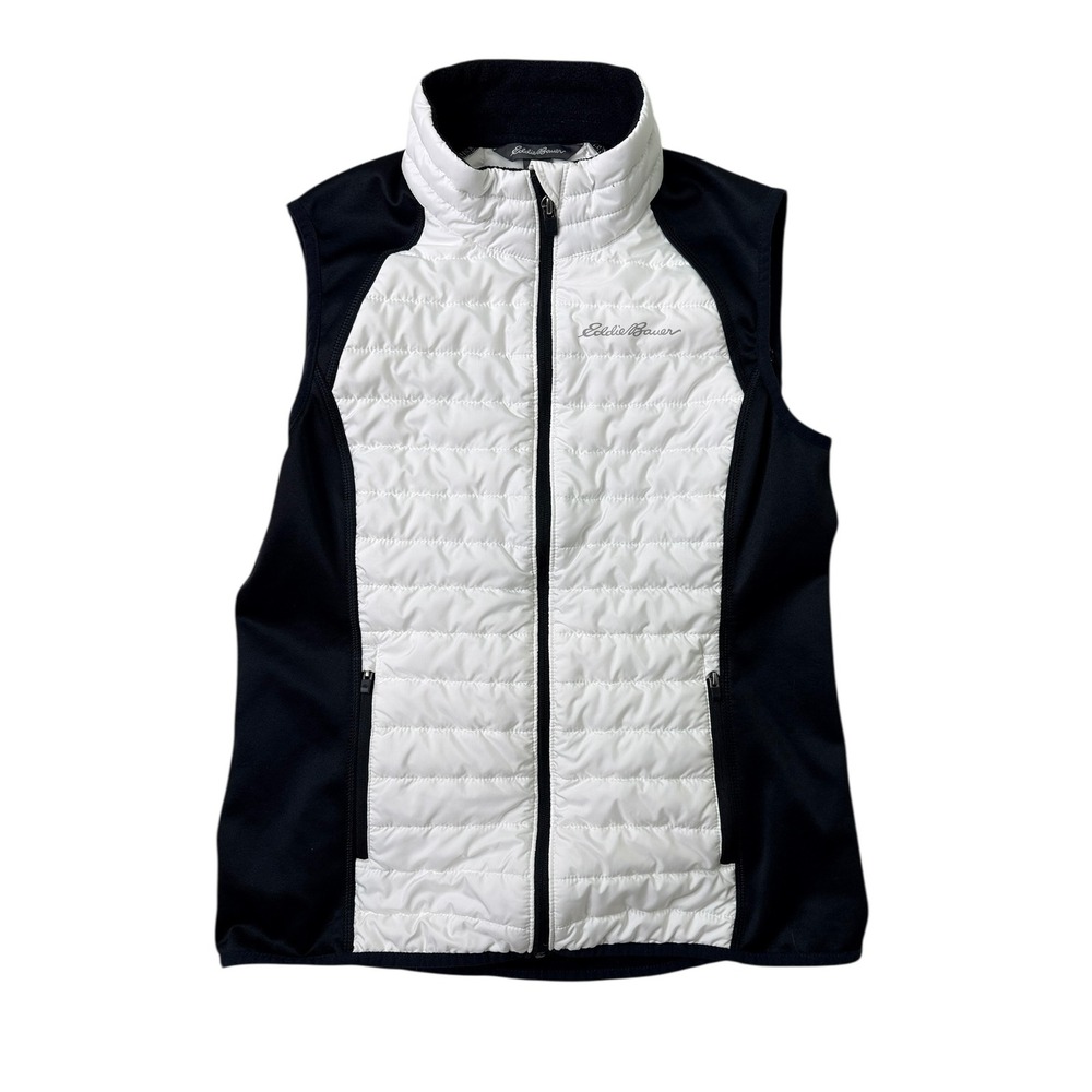 Eddie Bauer Womens Vest Medium‎ Hybrid Quilted Insulated White Black Preppy